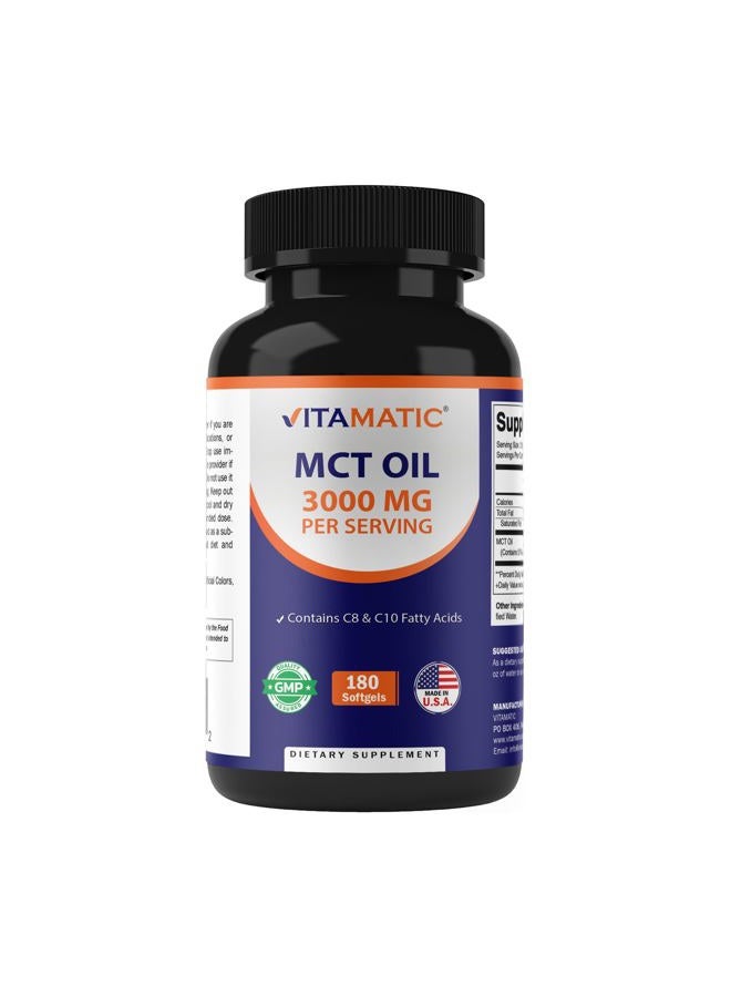 Vitamatic MCT Oil 3000 mg per Serving - 180 Softgels - from Coconut Oil - Contains 55% caprylic Acid C8 and 40% capric Acid C10 - Image 1